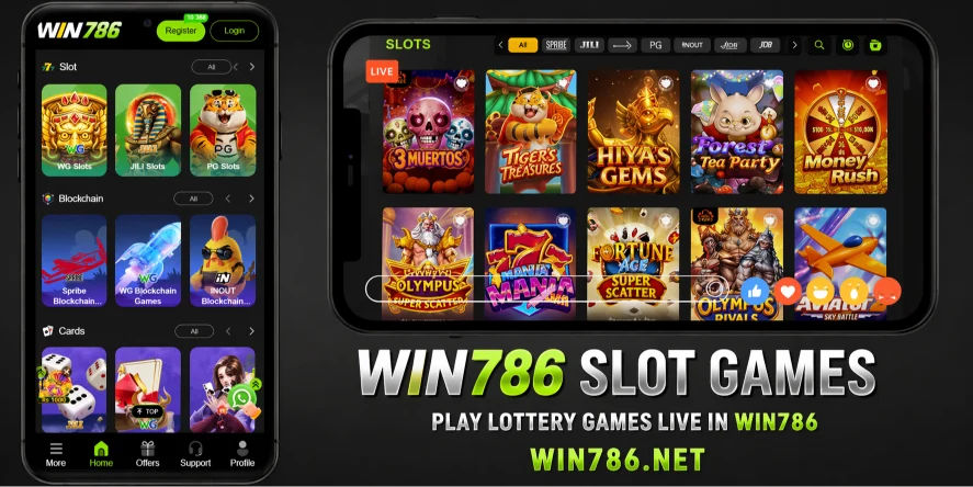 Dark gray-black promotional banner showing a casino-style mobile app interface with slot games, featuring a smartphone on the left and a wide game screen on the right, branded with “WIN786”.