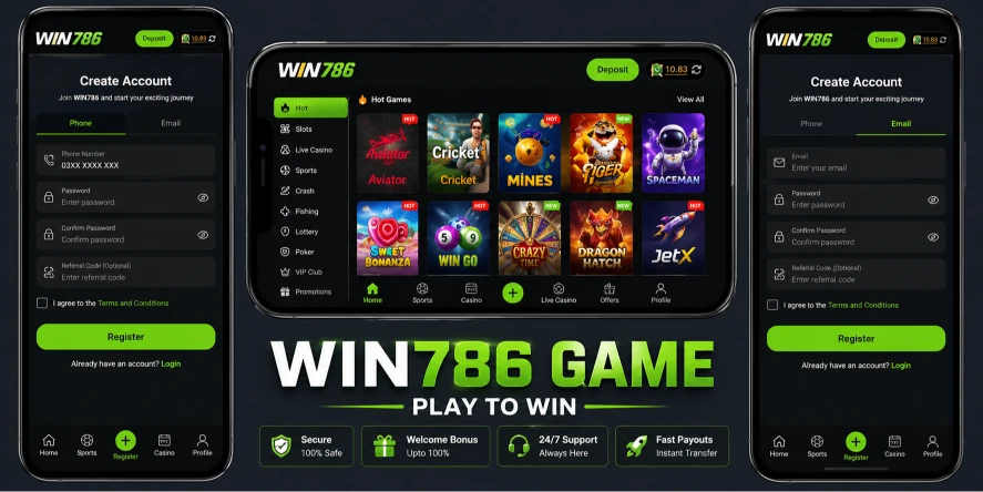 WIN786 game dashboard with aviator slots and casino categories in mobile app