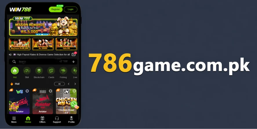  Win786 Game is Mobile gaming app screen showing WIN786 interface with slots, Aviator game, and bonus offers
