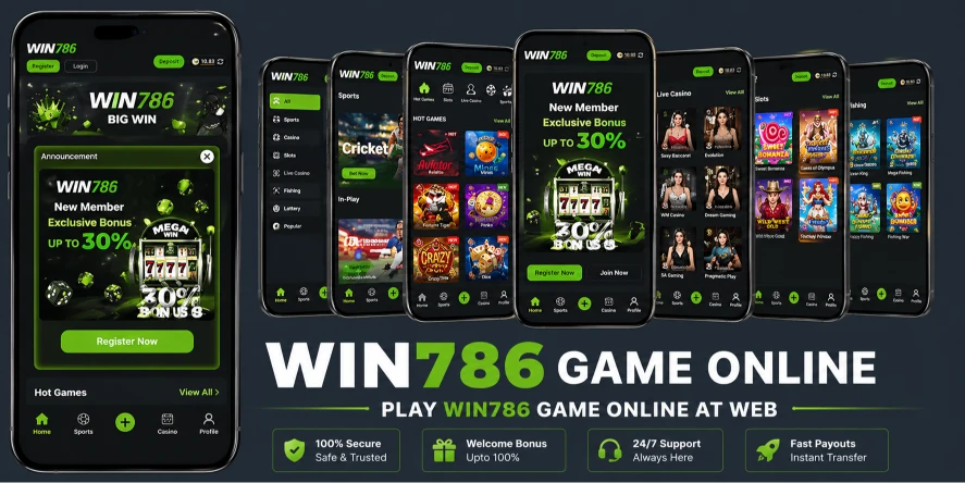 “WIN786 game platform with multiple mobile screens showing games and bonus offers”