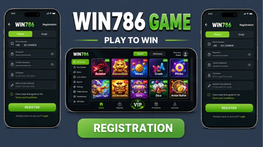 WIN786 game online mobile app UI with casino games and registration screen