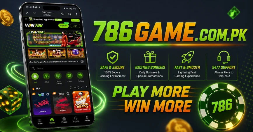 Win786 Game is Mobile gaming app screen showing WIN786 interface with slots, Aviator game, and bonus offers