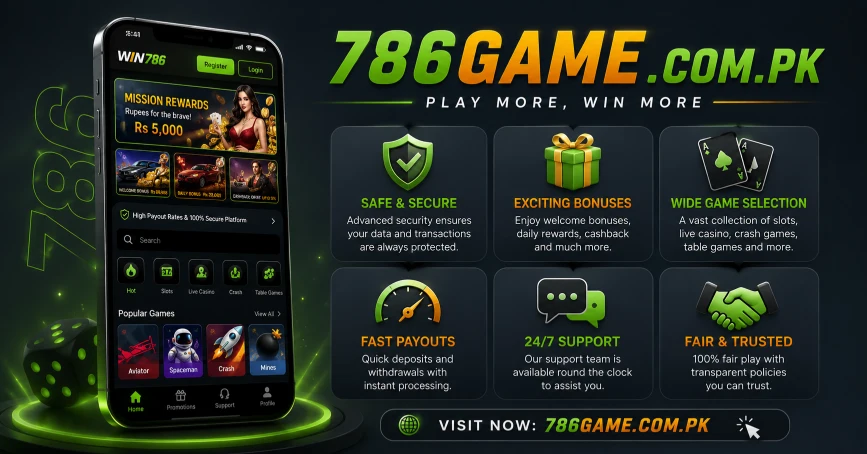 WIN786 Game key features image showing bonuses, fast payouts, secure system and game categories