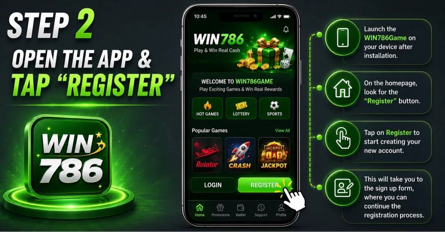 Open the win786 game & Tap “Register”